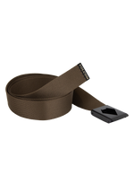 The Men's Workwear Web Belt by Volcom is shown on a white background, featuring brown fabric construction, a black rectangular metal bottle opener buckle, and a small black Volcom logo tag near the end.