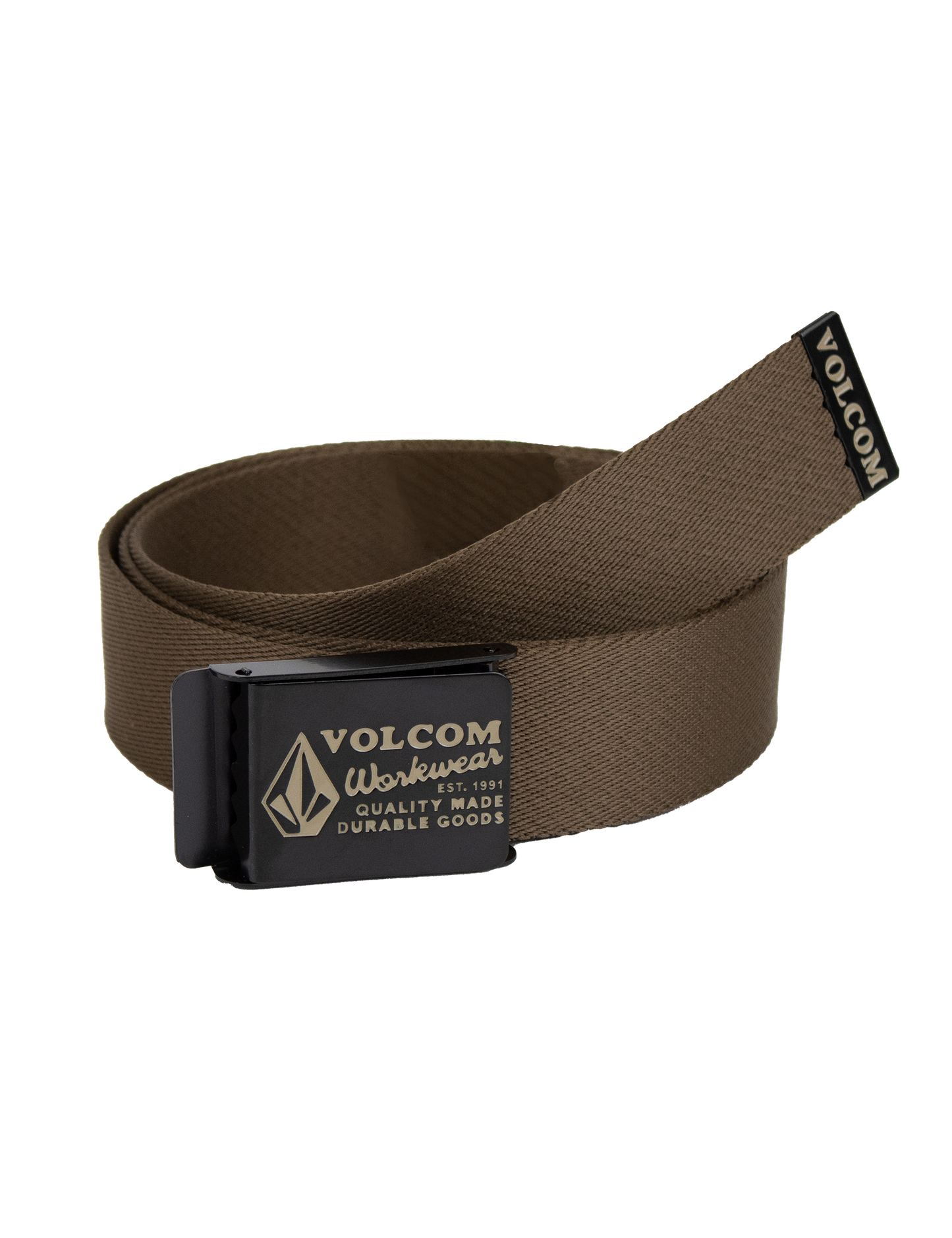 A brown Men's Workwear Web Belt by Volcom, featuring a black metal buckle with the Volcom logo and text. The buckle functions as a bottle opener, and the belt end displays a Volcom label. The product is shown on a white background.