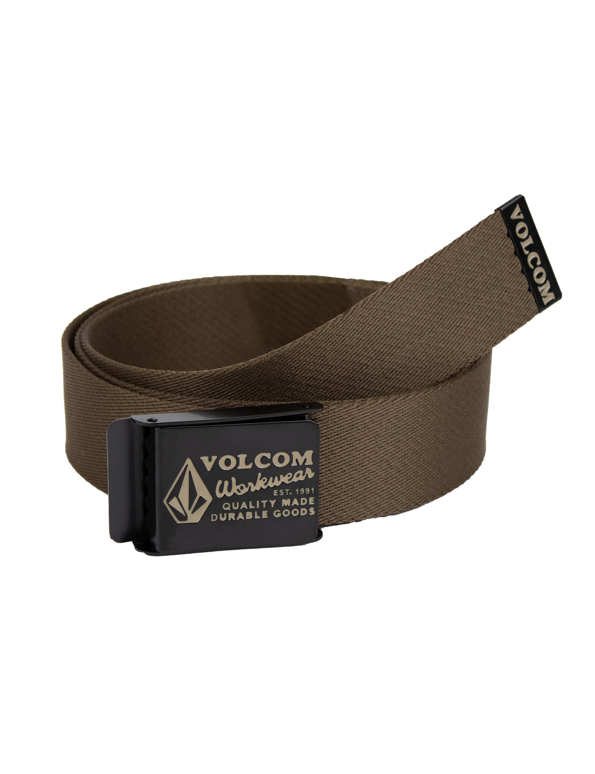 A brown Men's Workwear Web Belt by Volcom, featuring a black metal buckle with the Volcom logo and text. The buckle functions as a bottle opener, and the belt end displays a Volcom label. The product is shown on a white background.