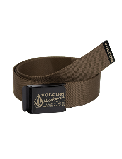 A brown Men's Workwear Web Belt by Volcom, featuring a black metal buckle with the Volcom logo and text. The buckle functions as a bottle opener, and the belt end displays a Volcom label. The product is shown on a white background.