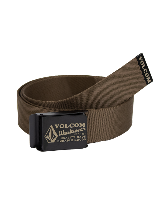 A brown Men's Workwear Web Belt by Volcom, featuring a black metal buckle with the Volcom logo and text. The buckle functions as a bottle opener, and the belt end displays a Volcom label. The product is shown on a white background.