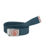 A rolled Volcom Men's Circle Web Belt in blue, featuring a silver bottle opener buckle with a red geometric logo and a small end tag displaying "VOLCOM" in red letters.