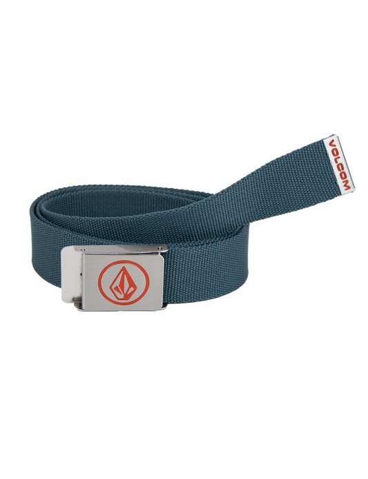 A rolled Volcom Men's Circle Web Belt in blue, featuring a silver bottle opener buckle with a red geometric logo and a small end tag displaying "VOLCOM" in red letters.