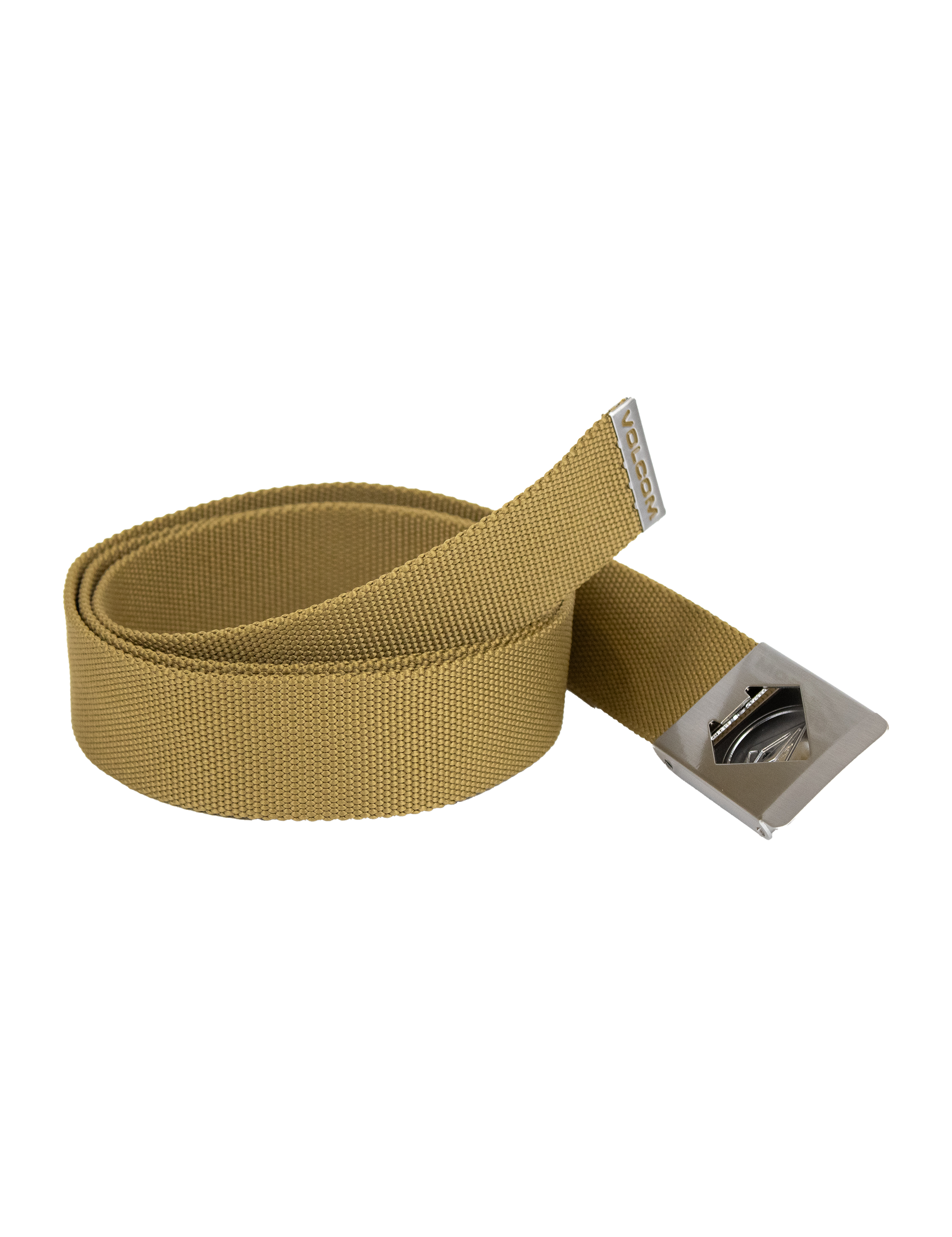 The Volcom Men's Circle Web Belt, made from tan woven fabric and featuring a silver rectangular metal buckle, is partially rolled up and displayed on a white background.
