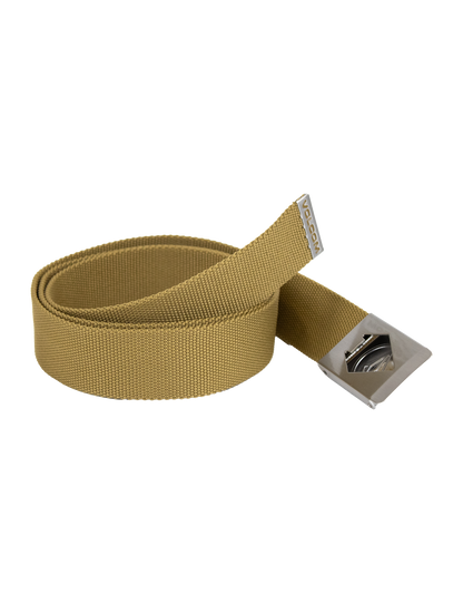 The Volcom Men's Circle Web Belt, made from tan woven fabric and featuring a silver rectangular metal buckle, is partially rolled up and displayed on a white background.