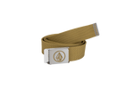The Men's Circle Web Belt by Volcom is shown in tan with a silver metal buckle that displays a geometric logo and features a matching metal tip engraved with the Volcom name. Set against a plain white background, the innovative buckle serves both as an eye-catching accent and a handy bottle opener, blending style with everyday practicality.