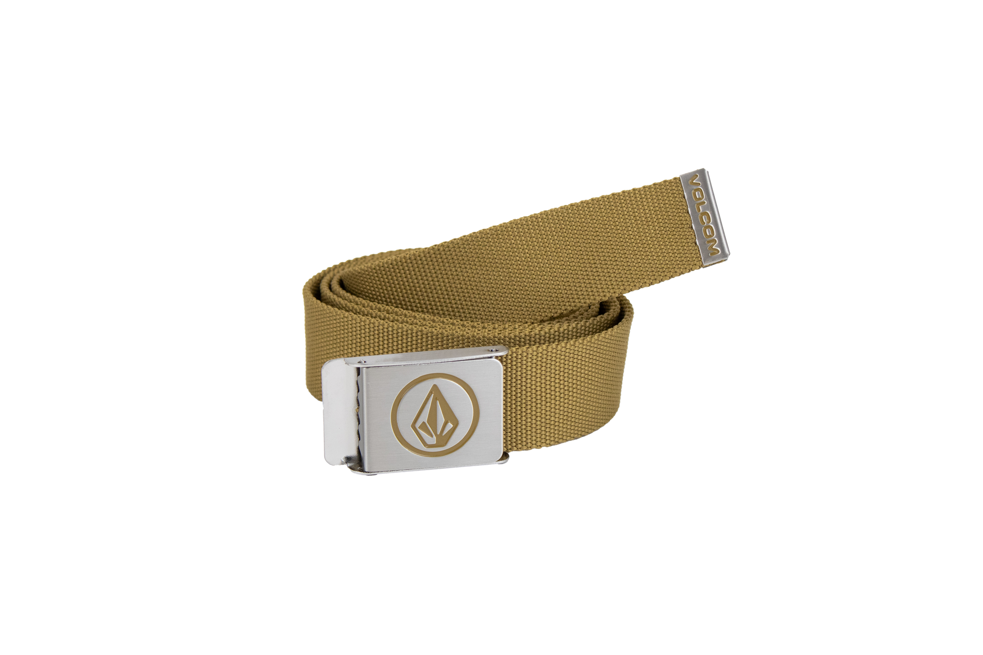 The Men's Circle Web Belt by Volcom is shown in tan with a silver metal buckle that displays a geometric logo and features a matching metal tip engraved with the Volcom name. Set against a plain white background, the innovative buckle serves both as an eye-catching accent and a handy bottle opener, blending style with everyday practicality.