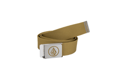 The Men's Circle Web Belt by Volcom is shown in tan with a silver metal buckle that displays a geometric logo and features a matching metal tip engraved with the Volcom name. Set against a plain white background, the innovative buckle serves both as an eye-catching accent and a handy bottle opener, blending style with everyday practicality.