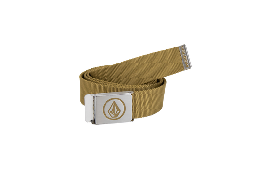 The Men's Circle Web Belt by Volcom is shown in tan with a silver metal buckle that displays a geometric logo and features a matching metal tip engraved with the Volcom name. Set against a plain white background, the innovative buckle serves both as an eye-catching accent and a handy bottle opener, blending style with everyday practicality.