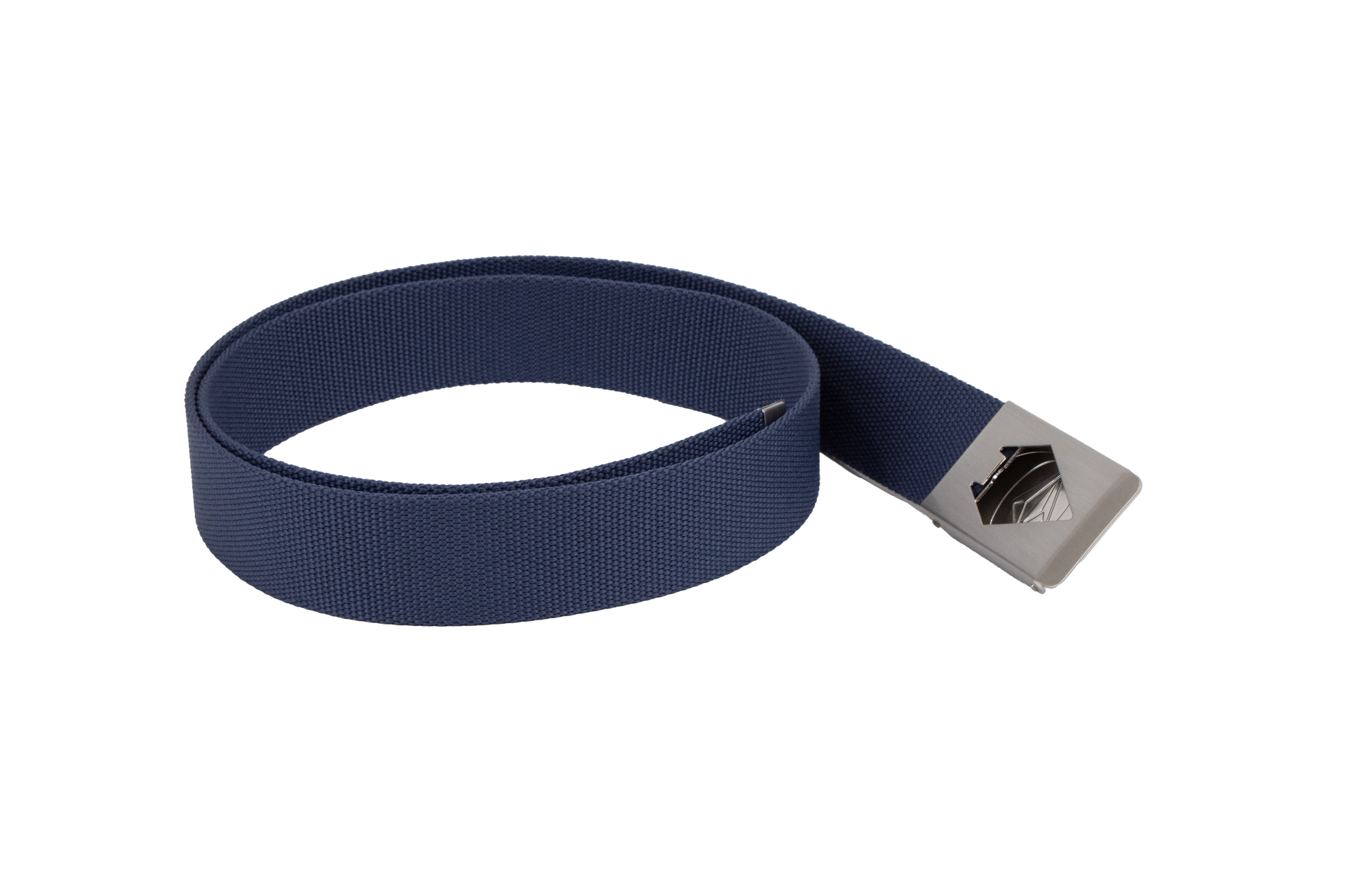 A Volcom Men's Circle Web Belt in blue, featuring a rectangular metal buckle, is coiled in a flat spiral on a white background.