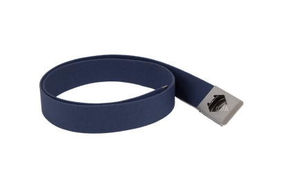 A Volcom Men's Circle Web Belt in blue, featuring a rectangular metal buckle, is coiled in a flat spiral on a white background.