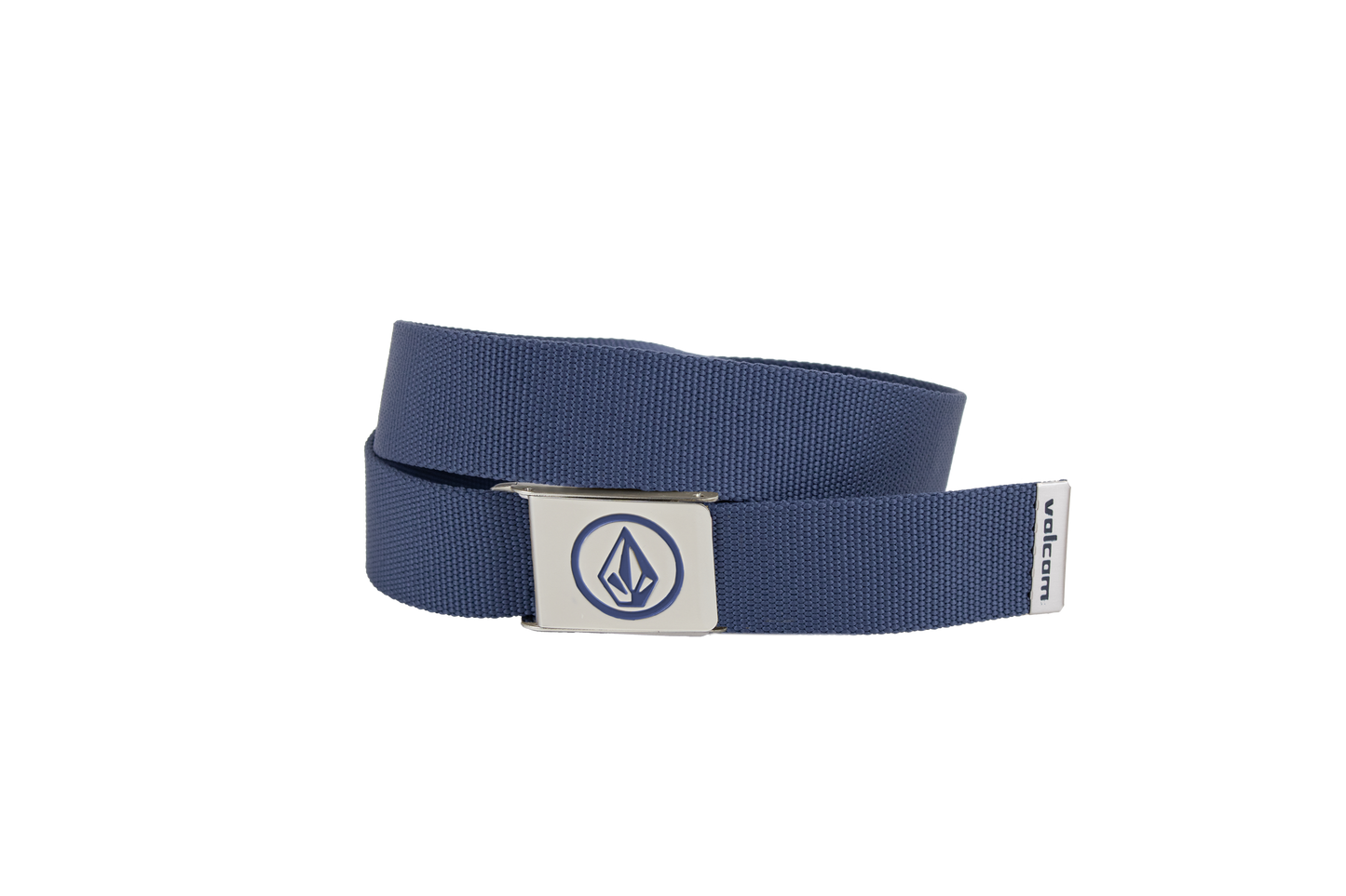 The Volcom Men's Circle Web Belt is shown on a plain white background, crafted from blue fabric and finished with a silver metal buckle that displays a stylized flame logo, plus a small Volcom tag at the end.