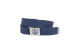 The Volcom Men's Circle Web Belt is shown on a plain white background, crafted from blue fabric and finished with a silver metal buckle that displays a stylized flame logo, plus a small Volcom tag at the end.