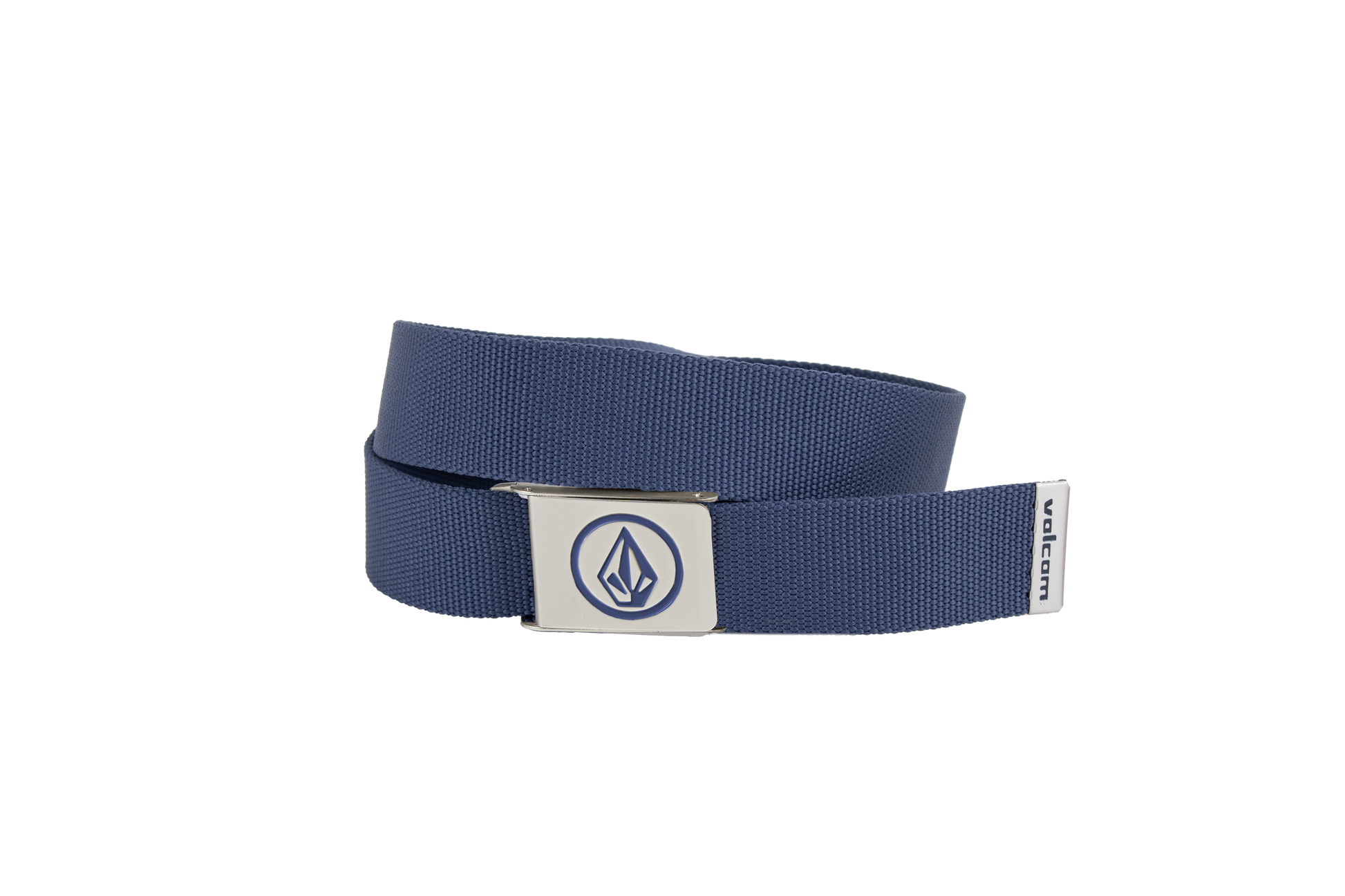 The Volcom Men's Circle Web Belt is shown on a plain white background, crafted from blue fabric and finished with a silver metal buckle that displays a stylized flame logo, plus a small Volcom tag at the end.