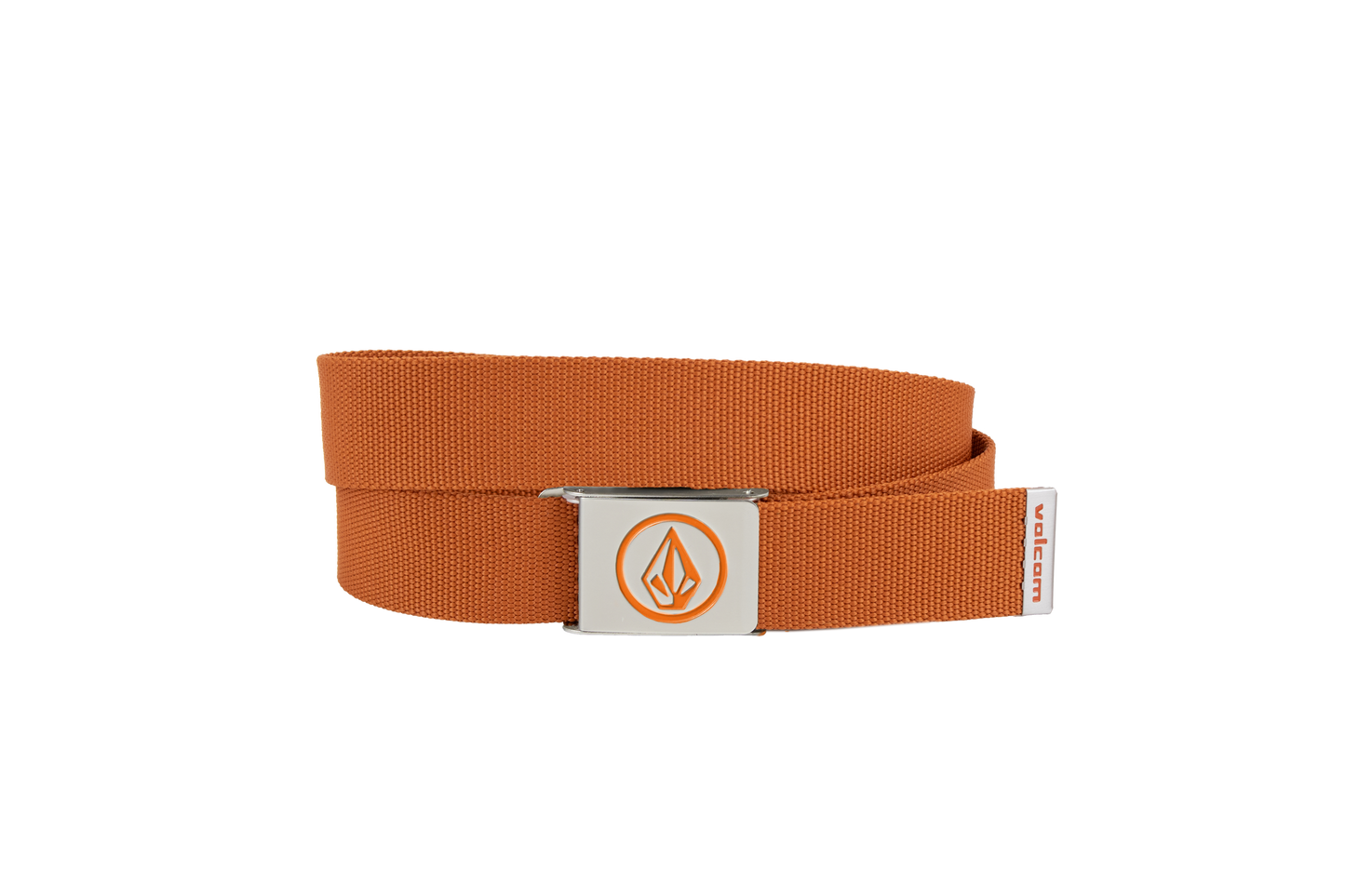 A Men's Circle Web Belt by Volcom in orange, featuring a silver bottle opener buckle with an orange Volcom logo and a small white tag with orange text, displayed against a plain white background.