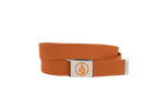 A Men's Circle Web Belt by Volcom in orange, featuring a silver bottle opener buckle with an orange Volcom logo and a small white tag with orange text, displayed against a plain white background.