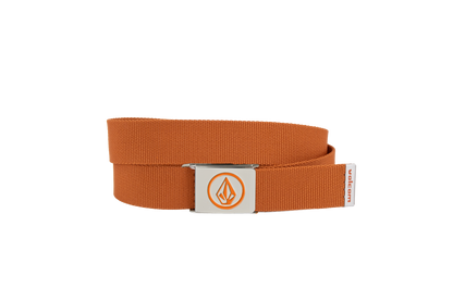 A Men's Circle Web Belt by Volcom in orange, featuring a silver bottle opener buckle with an orange Volcom logo and a small white tag with orange text, displayed against a plain white background.