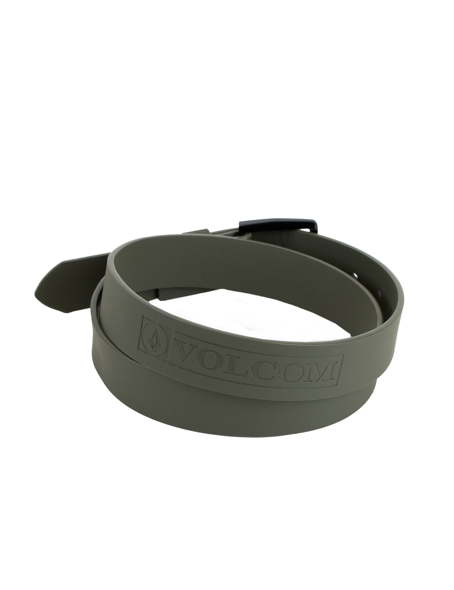 A rolled-up Men's Flat Bar PU Belt by Volcom in olive green, showcased with a branded metal buckle and the Volcom logo embossed on the band, displayed against a white background.