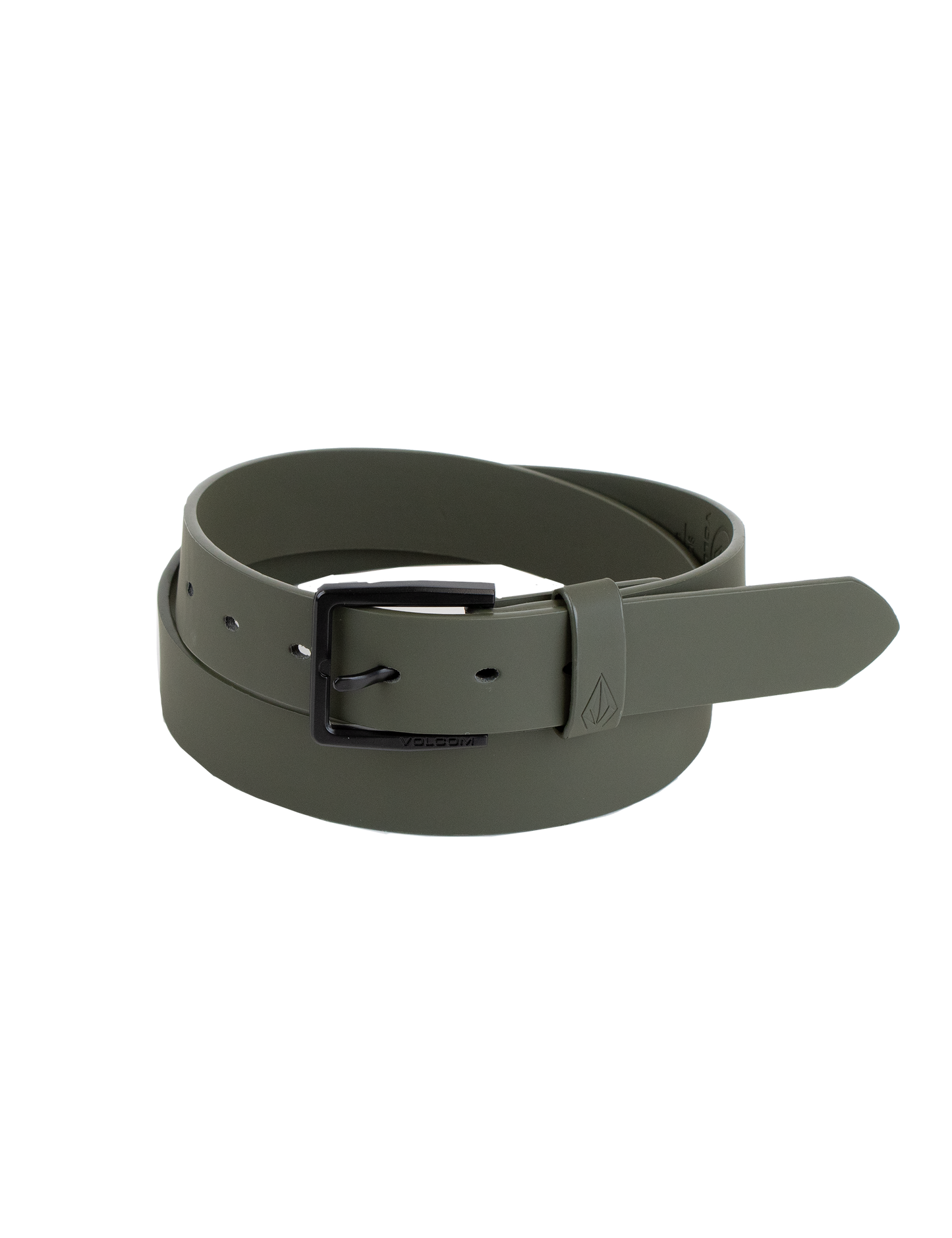 A rolled-up olive green Men's Flat Bar PU Belt by Volcom, featuring a matte black branded metal buckle, displayed on a plain white background.