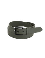 A rolled-up olive green Men's Flat Bar PU Belt by Volcom, featuring a matte black branded metal buckle, displayed on a plain white background.