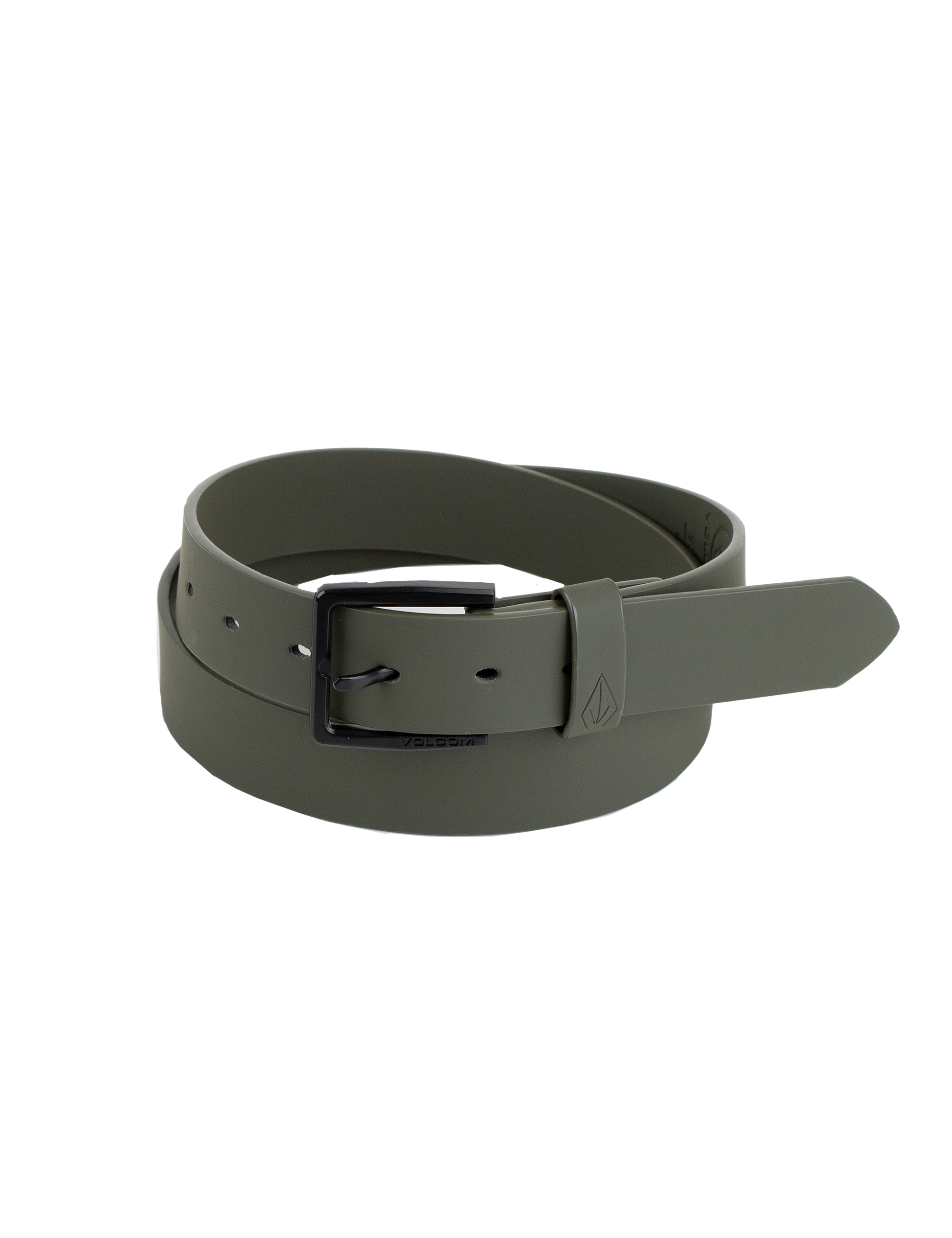 A rolled-up olive green Men's Flat Bar PU Belt by Volcom, featuring a matte black branded metal buckle, displayed on a plain white background.