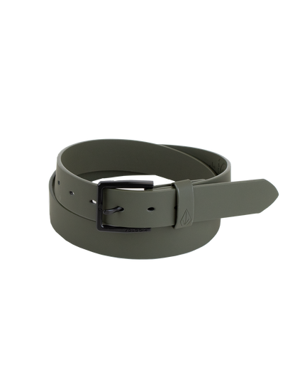 A rolled-up olive green Men's Flat Bar PU Belt by Volcom, featuring a matte black branded metal buckle, displayed on a plain white background.
