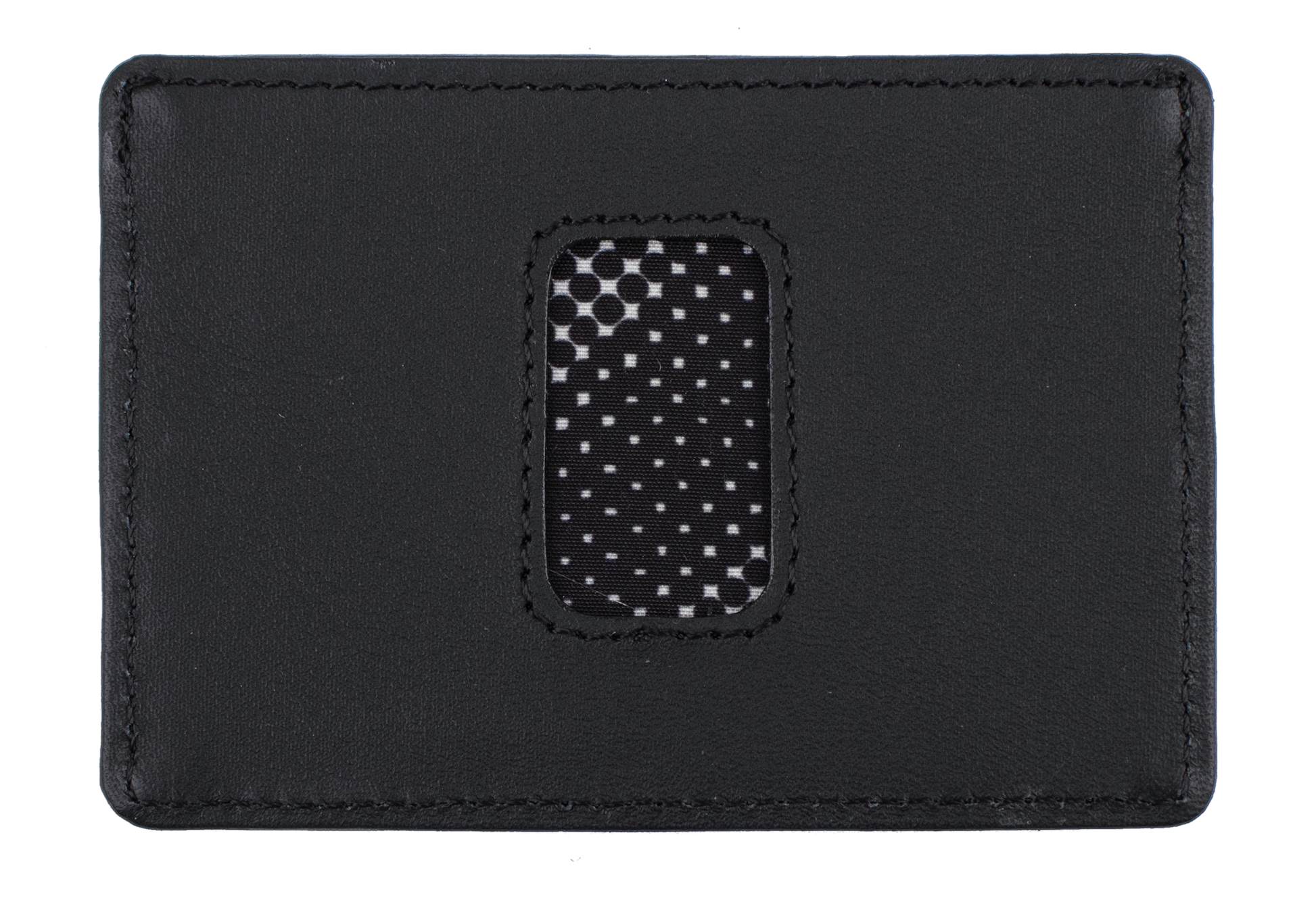 A black leather card holder by Volcom, featuring an oval mesh window in the center that reveals a black and white polka dot pattern. Named the Men's Primo Cardholder, this slim wallet blends style and everyday functionality for your essentials.