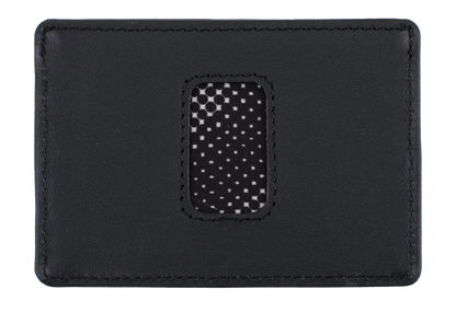 A black leather card holder by Volcom, featuring an oval mesh window in the center that reveals a black and white polka dot pattern. Named the Men's Primo Cardholder, this slim wallet blends style and everyday functionality for your essentials.