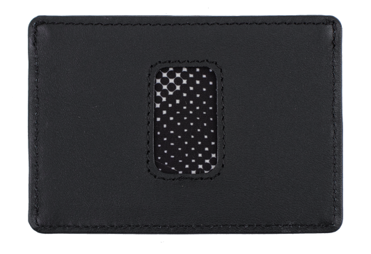 A black leather card holder by Volcom, featuring an oval mesh window in the center that reveals a black and white polka dot pattern. Named the Men's Primo Cardholder, this slim wallet blends style and everyday functionality for your essentials.