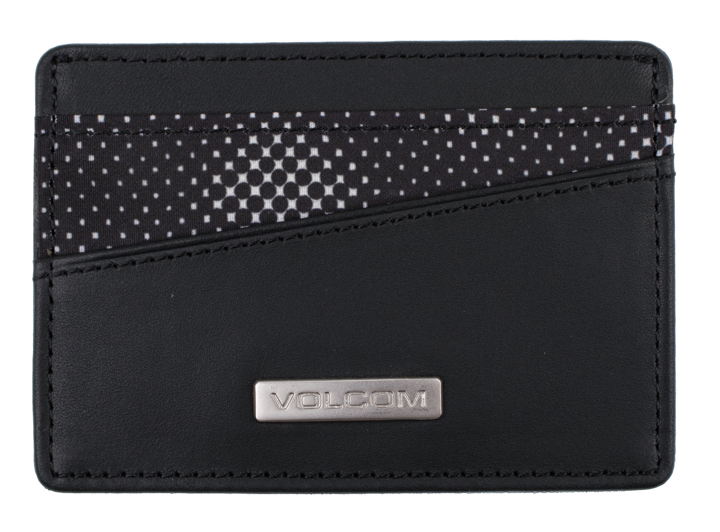 The Volcom Men's Primo Cardholder is a slim black wallet featuring a metal logo plaque and two diagonal card slots, one accented with a geometric black-and-white pattern—perfect for keeping your essentials organized in style.