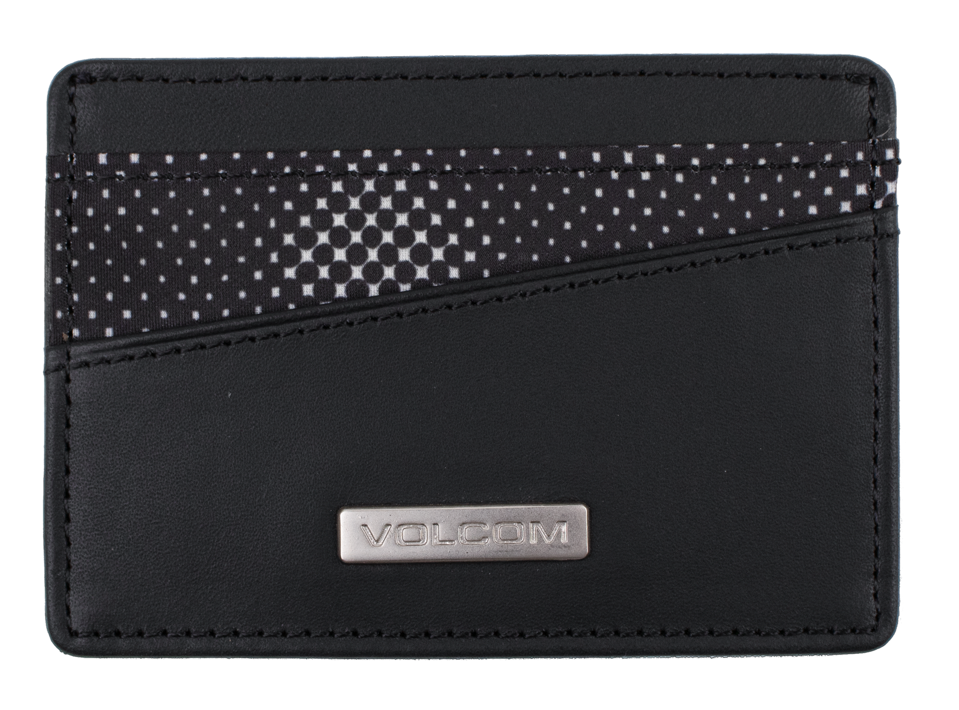 The Volcom Men's Primo Cardholder is a slim black wallet featuring a metal logo plaque and two diagonal card slots, one accented with a geometric black-and-white pattern—perfect for keeping your essentials organized in style.