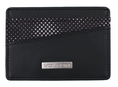 The Volcom Men's Primo Cardholder is a slim black wallet featuring a metal logo plaque and two diagonal card slots, one accented with a geometric black-and-white pattern—perfect for keeping your essentials organized in style.