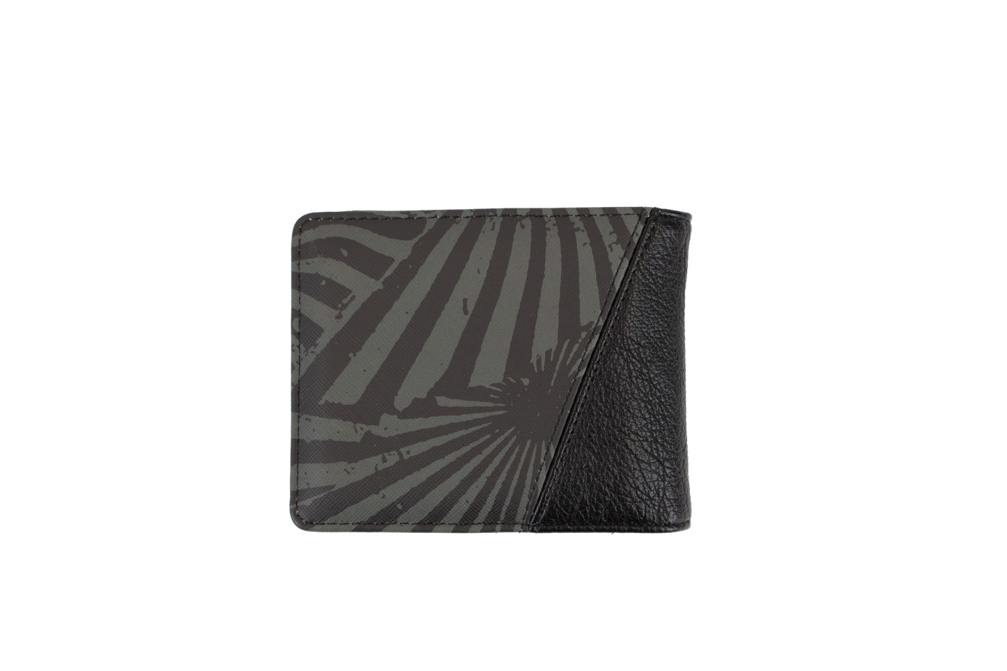 The Volcom Men's Solidstone Bifold wallet features an abstract striped pattern in black and gray with a textured black leather corner, displayed against a plain white background.