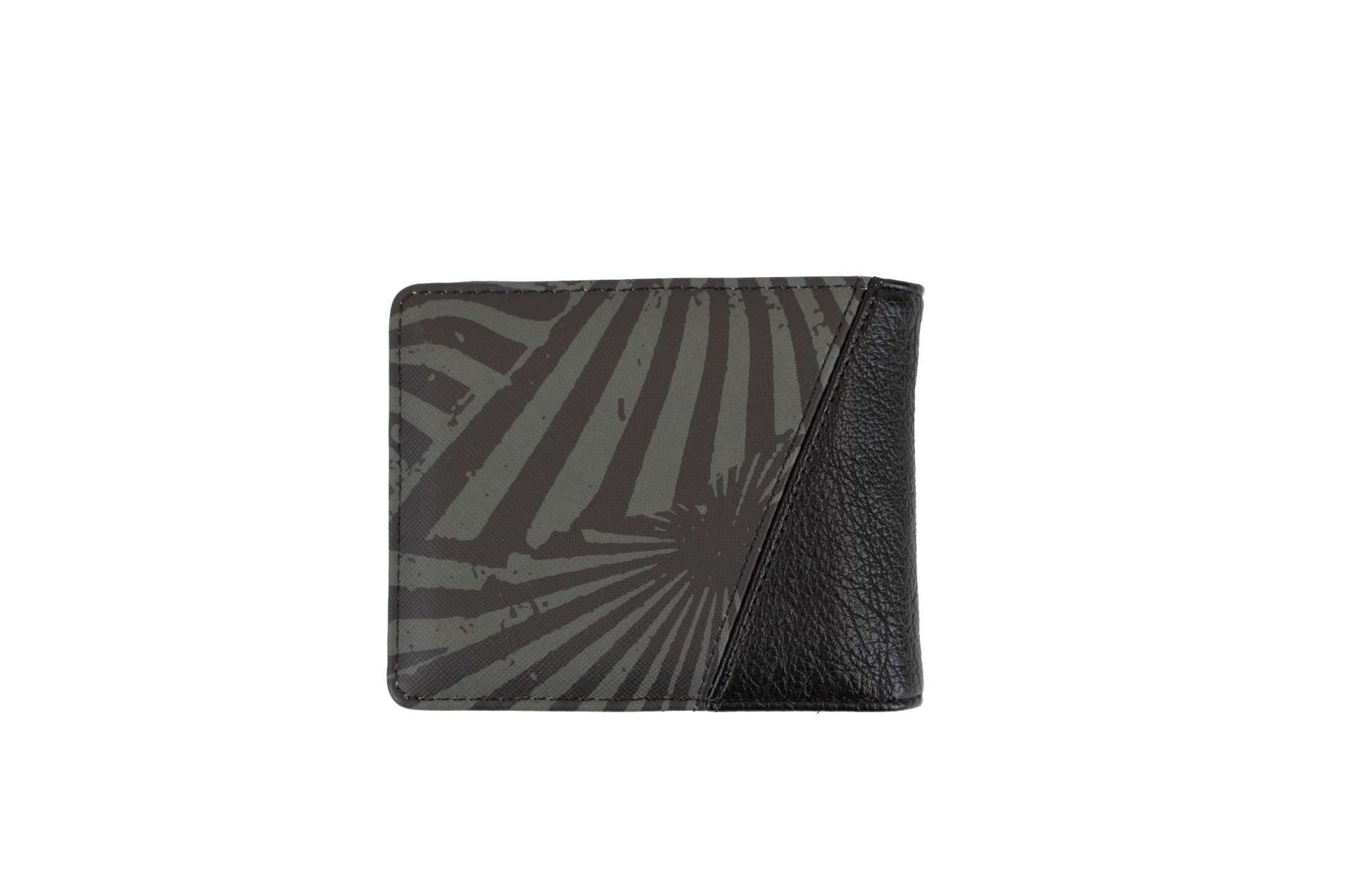 The Volcom Men's Solidstone Bifold wallet features an abstract striped pattern in black and gray with a textured black leather corner, displayed against a plain white background.
