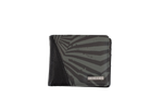 The Volcom Men's Solidstone Bifold is a closed black and gray wallet featuring a diagonal striped pattern and a small silver label on the bottom right corner, displayed against a plain white background.