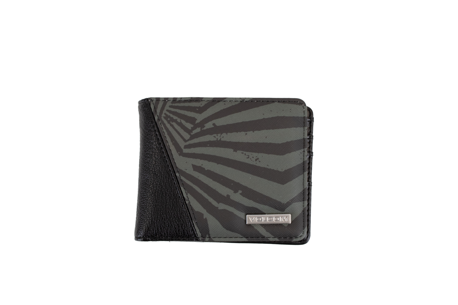 The Volcom Men's Solidstone Bifold is a closed black and gray wallet featuring a diagonal striped pattern and a small silver label on the bottom right corner, displayed against a plain white background.
