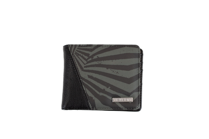 The Volcom Men's Solidstone Bifold is a closed black and gray wallet featuring a diagonal striped pattern and a small silver label on the bottom right corner, displayed against a plain white background.