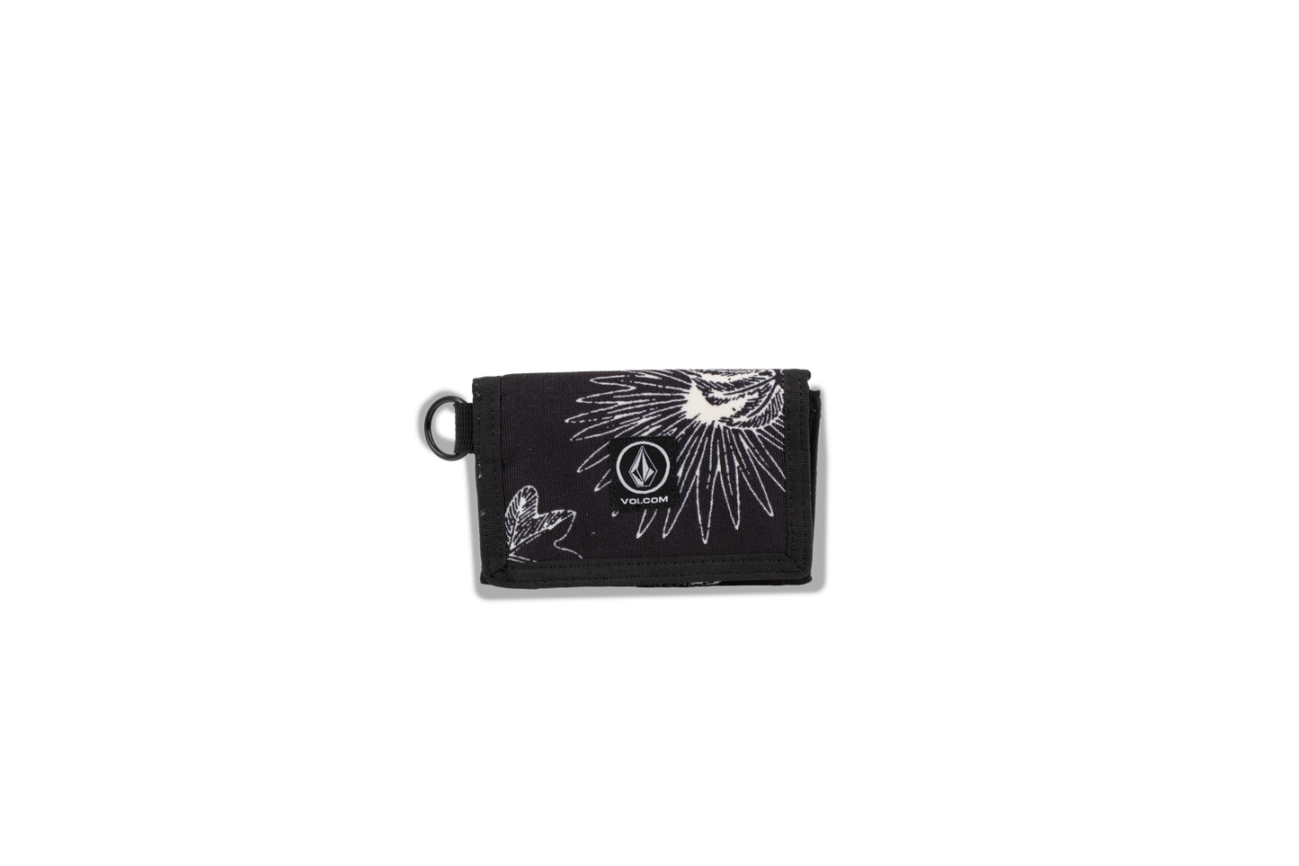 The Volcom Men's Box Stone Wallet is a black compact accessory featuring striking white abstract floral and frog designs, with the Volcom logo displayed on the front. Crafted from durable cotton canvas, this wallet is photographed against a plain white background.