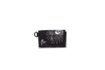 The Volcom Men's Box Stone Wallet is a black compact accessory featuring striking white abstract floral and frog designs, with the Volcom logo displayed on the front. Crafted from durable cotton canvas, this wallet is photographed against a plain white background.
