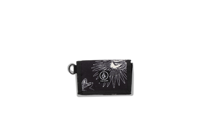 The Volcom Men's Box Stone Wallet is a black compact accessory featuring striking white abstract floral and frog designs, with the Volcom logo displayed on the front. Crafted from durable cotton canvas, this wallet is photographed against a plain white background.