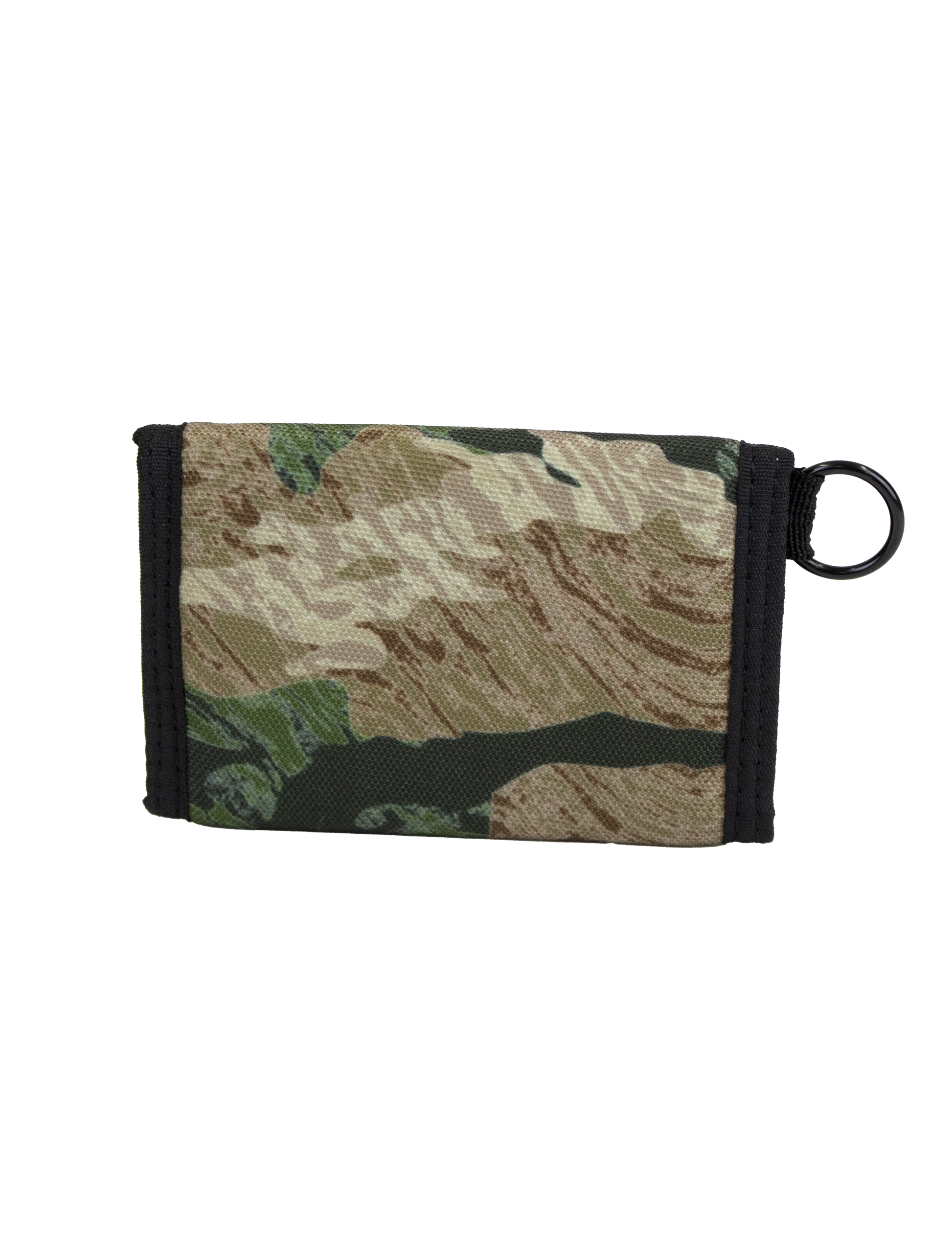 The Volcom Men's Box Stone Wallet features a camouflage-patterned cotton canvas design with black trim and a black key ring attached to one side, displayed against a white background.