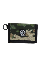 Discover the Men's Box Stone Wallet by Volcom—a compact, rectangular wallet made from durable cotton canvas. Showcasing an eye-catching green camouflage pattern with black trim and a convenient side ring, the front features a centrally placed black Volcom Stone Wallet logo patch for an iconic finish.