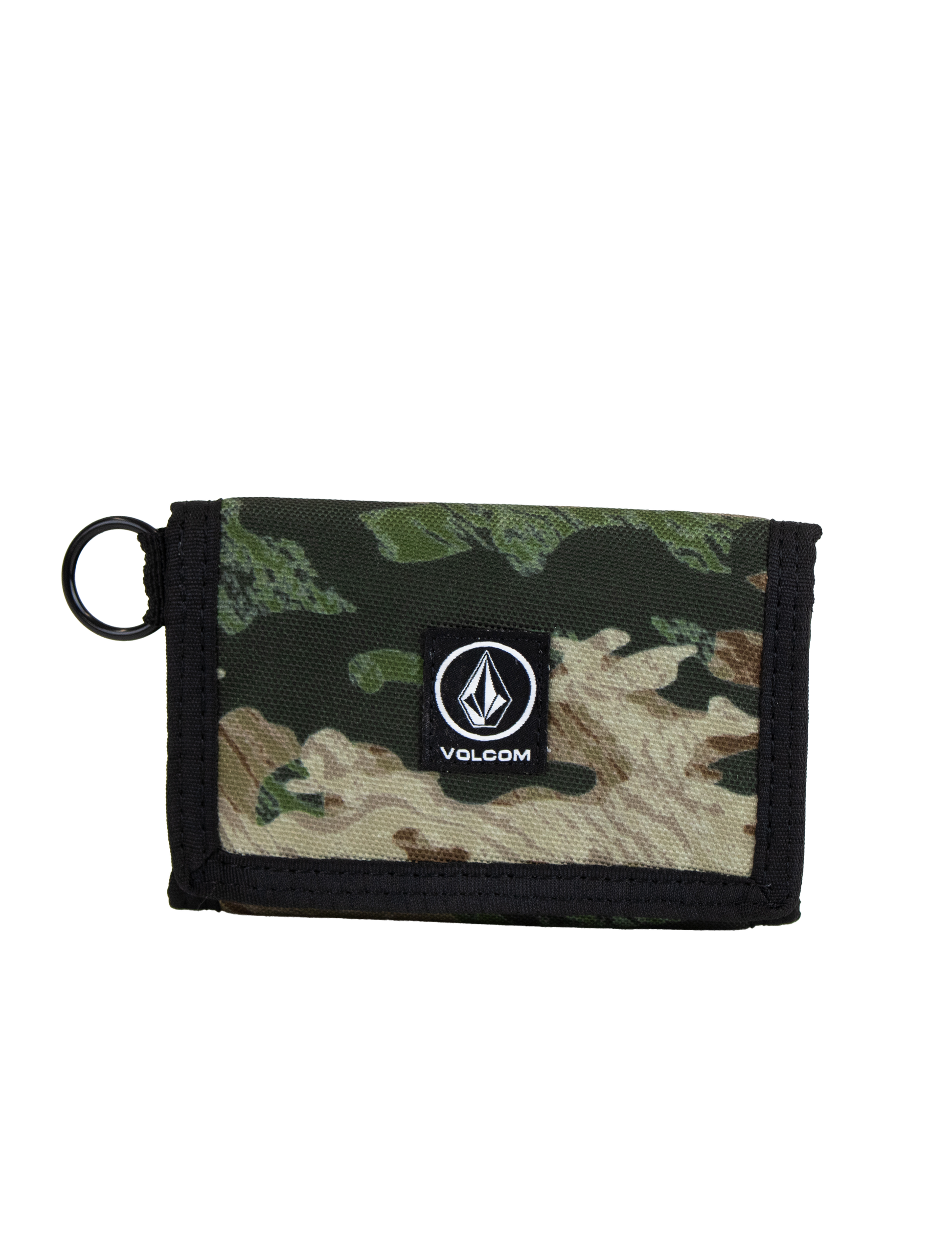 Discover the Men's Box Stone Wallet by Volcom—a compact, rectangular wallet made from durable cotton canvas. Showcasing an eye-catching green camouflage pattern with black trim and a convenient side ring, the front features a centrally placed black Volcom Stone Wallet logo patch for an iconic finish.