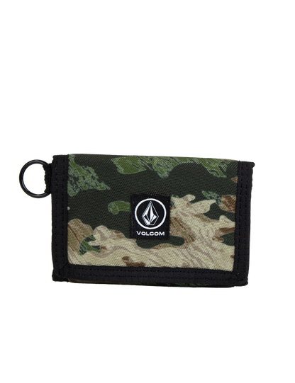Discover the Men's Box Stone Wallet by Volcom—a compact, rectangular wallet made from durable cotton canvas. Showcasing an eye-catching green camouflage pattern with black trim and a convenient side ring, the front features a centrally placed black Volcom Stone Wallet logo patch for an iconic finish.