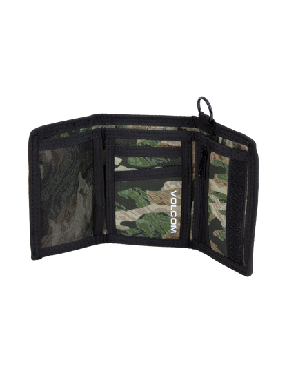 The Men's Box Stone Wallet by Volcom is a trifold camouflage wallet featuring black trim and mesh pockets, made from durable cotton canvas. “VOLCOM” is printed in white on one panel. Shown open and empty, this stone wallet is displayed against a plain white background.