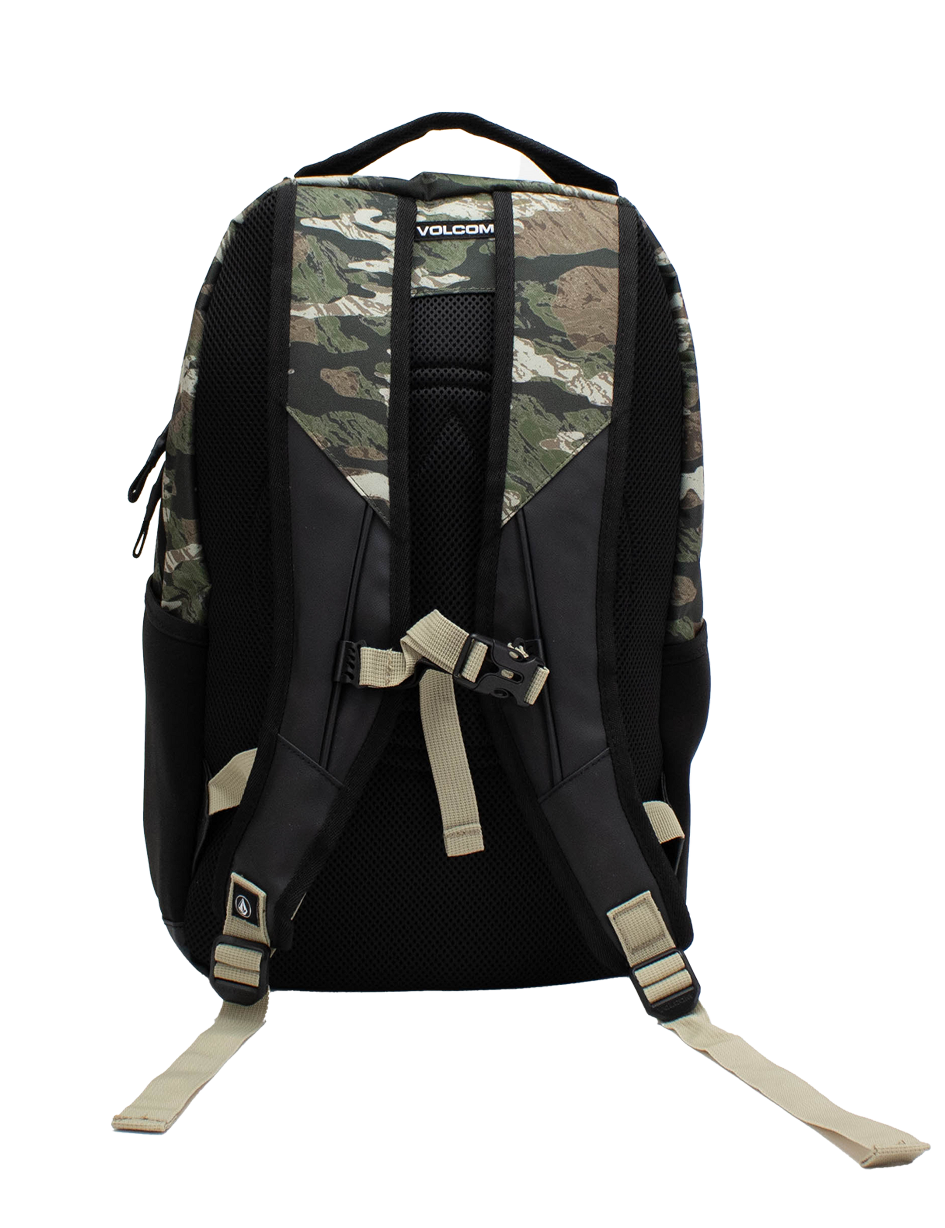 A Men's Grindstone Skate Backpack by Volcom in black, featuring camouflage accents, beige adjustable straps, a chest buckle, and a convenient laptop sleeve, is shown from the back against a white background.
