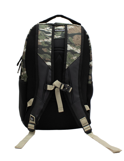 A Men's Grindstone Skate Backpack by Volcom in black, featuring camouflage accents, beige adjustable straps, a chest buckle, and a convenient laptop sleeve, is shown from the back against a white background.