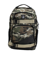 The Volcom Men's Grindstone Skate Backpack features a camouflage pattern with black and beige adjustable straps, two front zippered pockets, a small logo patch, a dedicated laptop sleeve, and side compartments, shown against a plain white background.