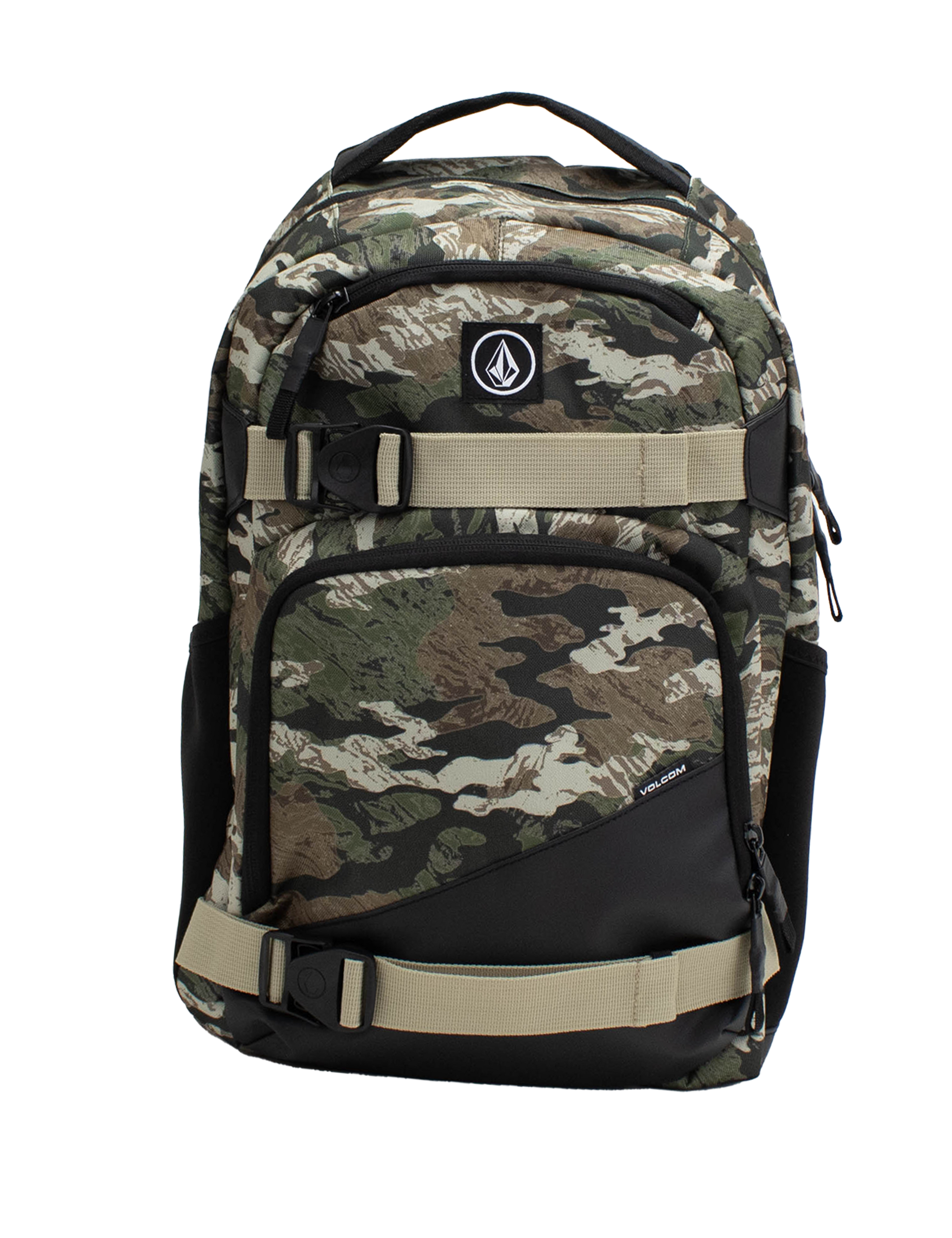 The Volcom Men's Grindstone Skate Backpack features a camouflage pattern with black and beige adjustable straps, two front zippered pockets, a small logo patch, a dedicated laptop sleeve, and side compartments, shown against a plain white background.