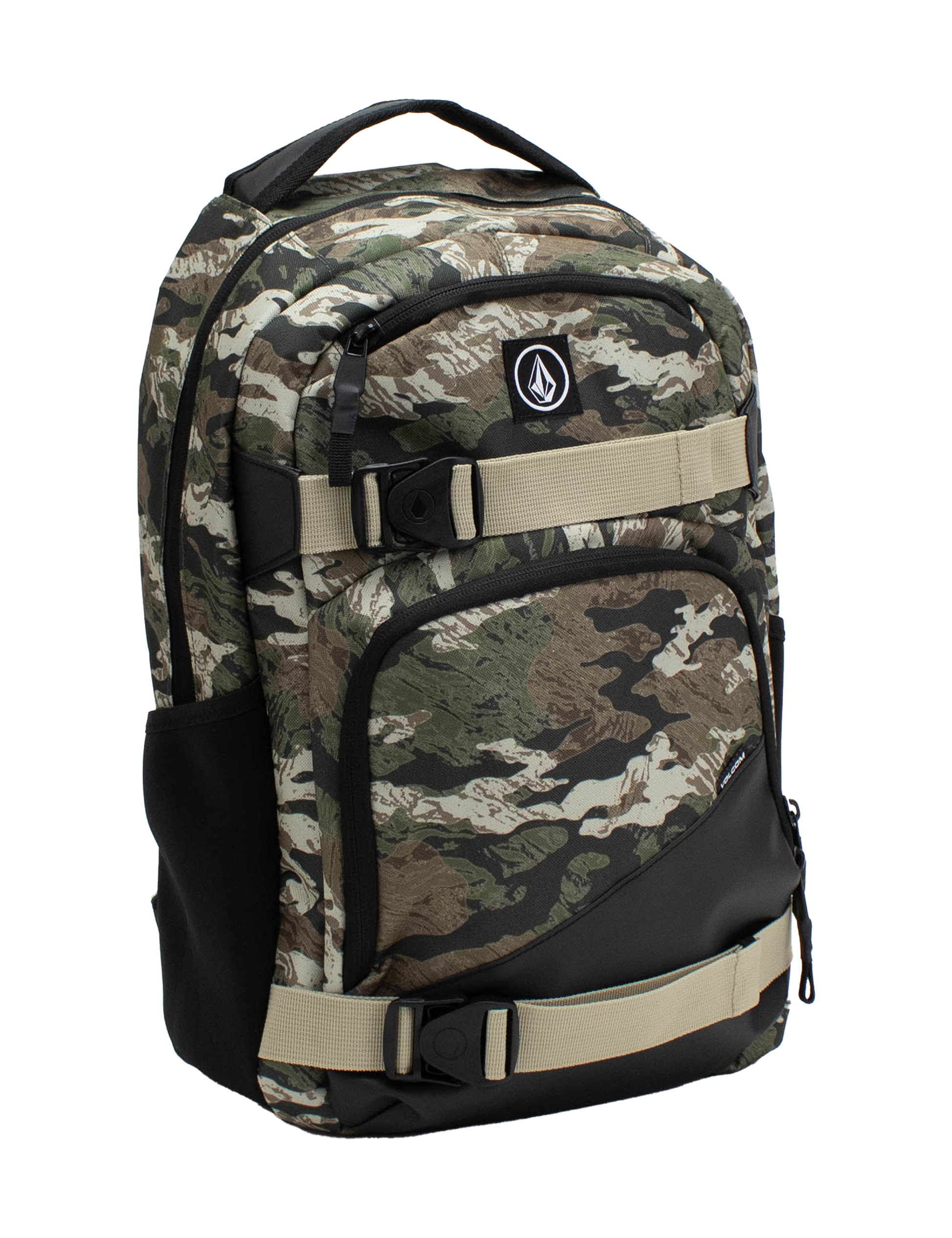 The Volcom Men's Grindstone Skate Backpack features a camo pattern with beige adjustable straps, a black bottom, multiple compartments, a dedicated laptop sleeve, and a front logo patch, shown against a white background.